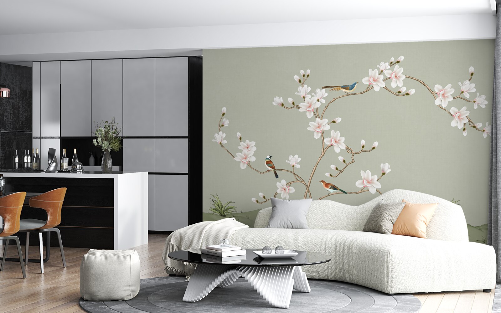 Fototapet copac elegant decorat cu flori și înconjurat de păsări