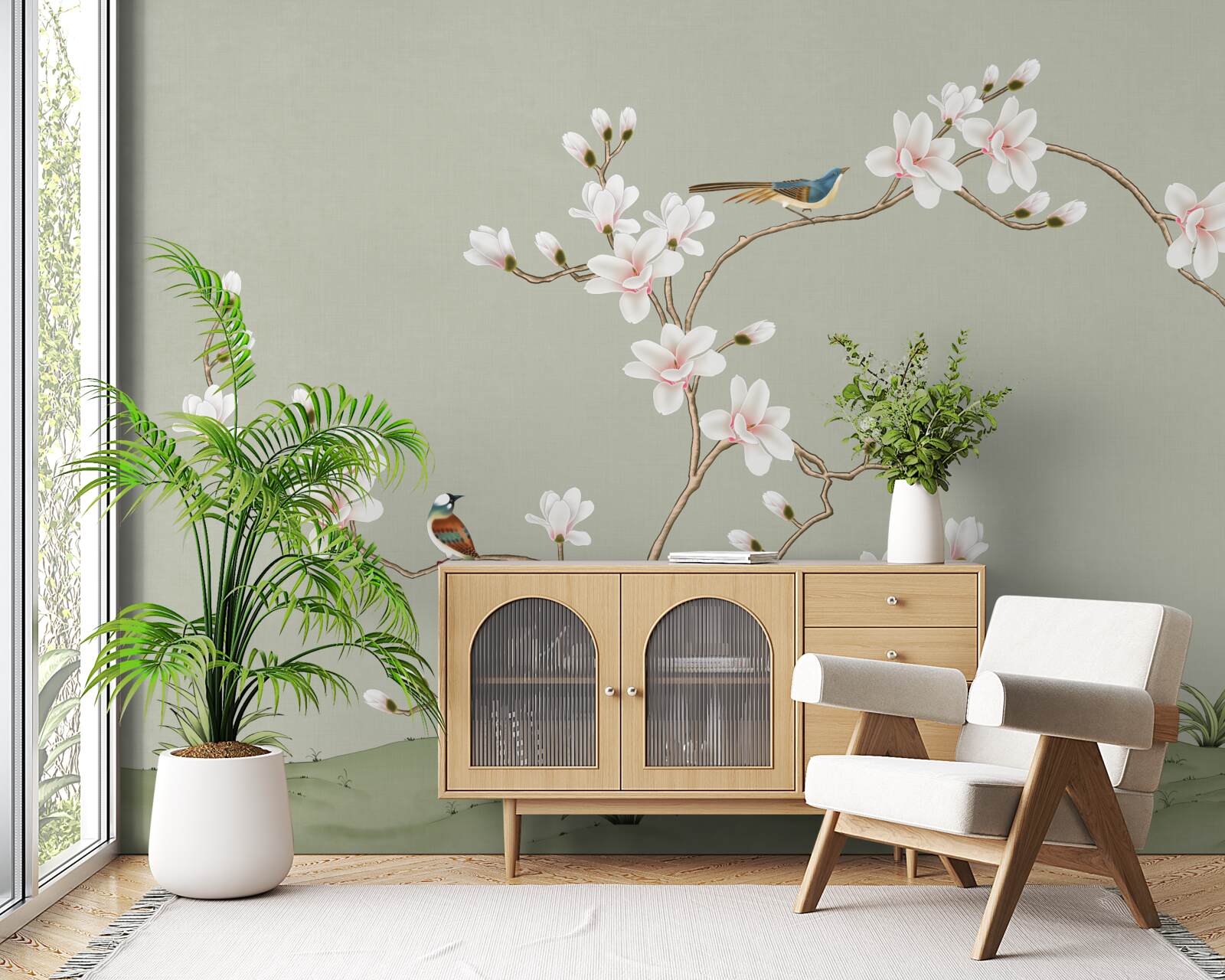 Fototapet copac elegant decorat cu flori și înconjurat de păsări