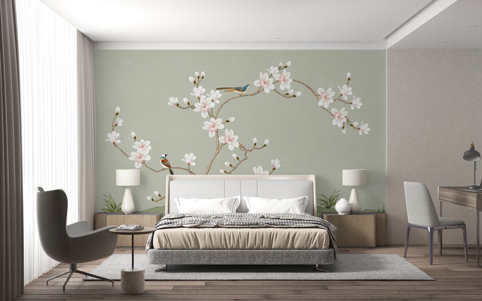 Fototapet copac elegant decorat cu flori și înconjurat de păsări