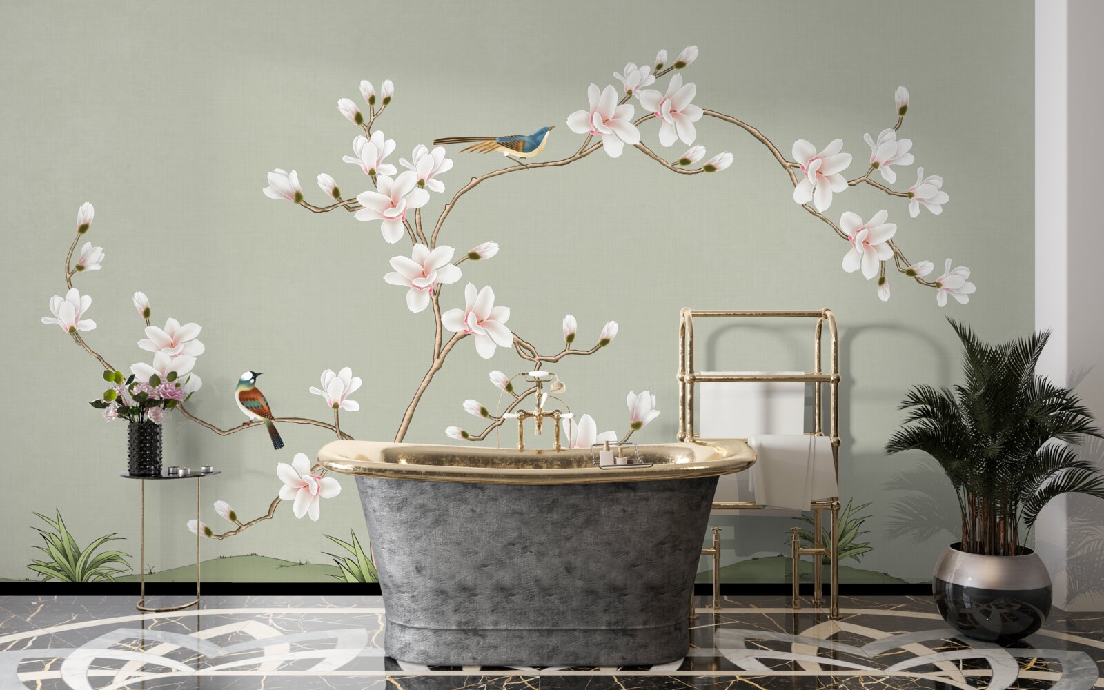 Fototapet copac elegant decorat cu flori și înconjurat de păsări