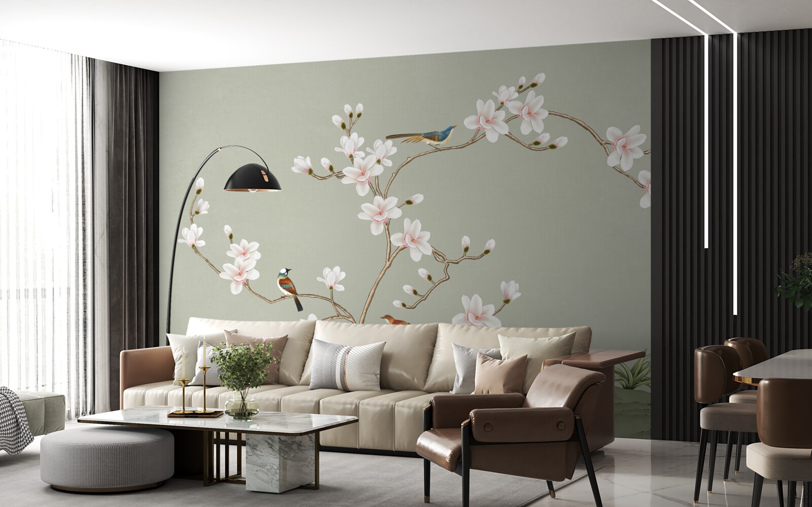 Fototapet copac elegant decorat cu flori și înconjurat de păsări