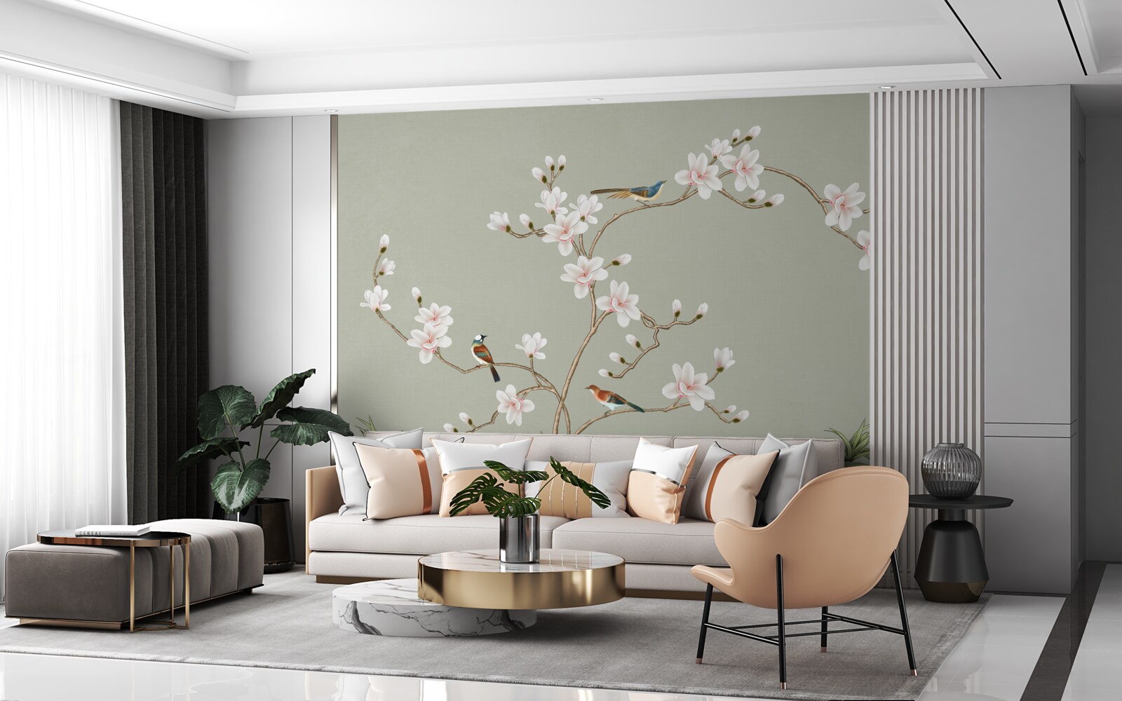 Fototapet copac elegant decorat cu flori și înconjurat de păsări