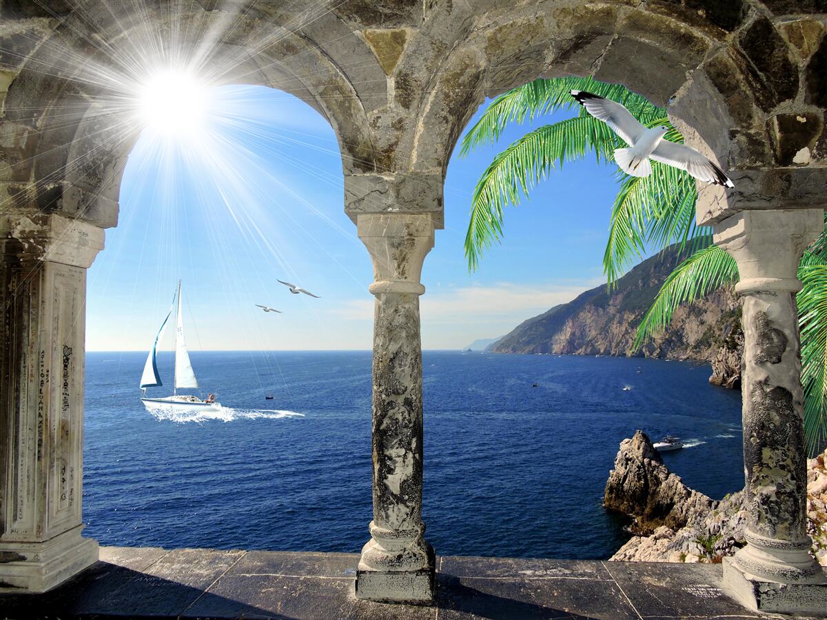 Fototapet arc antic cu vedere la mare