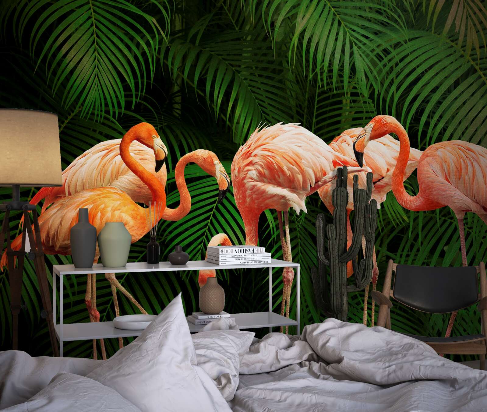 Fototapet flamingo roz într-o pădure cu copaci verzi