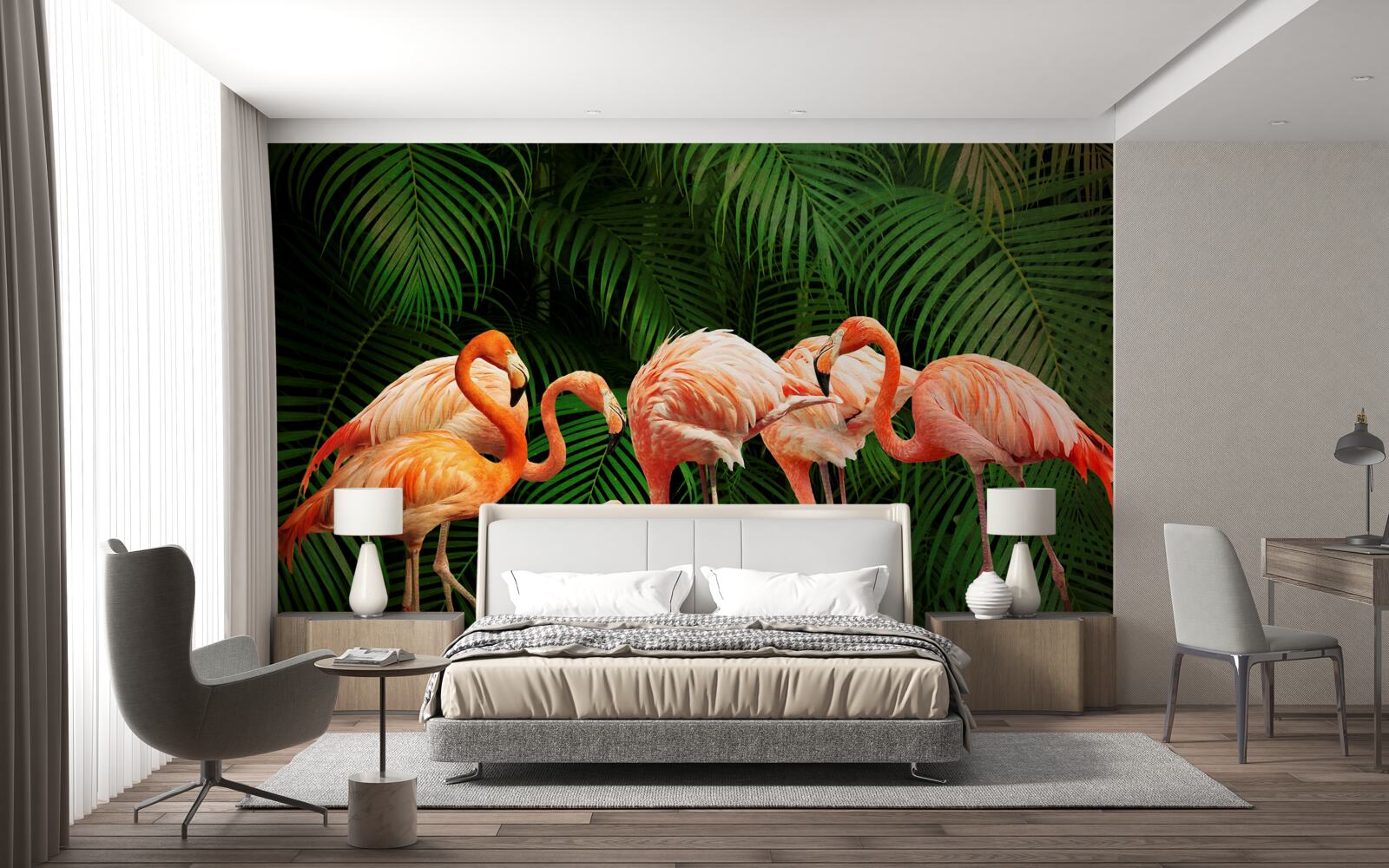 Fototapet flamingo roz într-o pădure cu copaci verzi