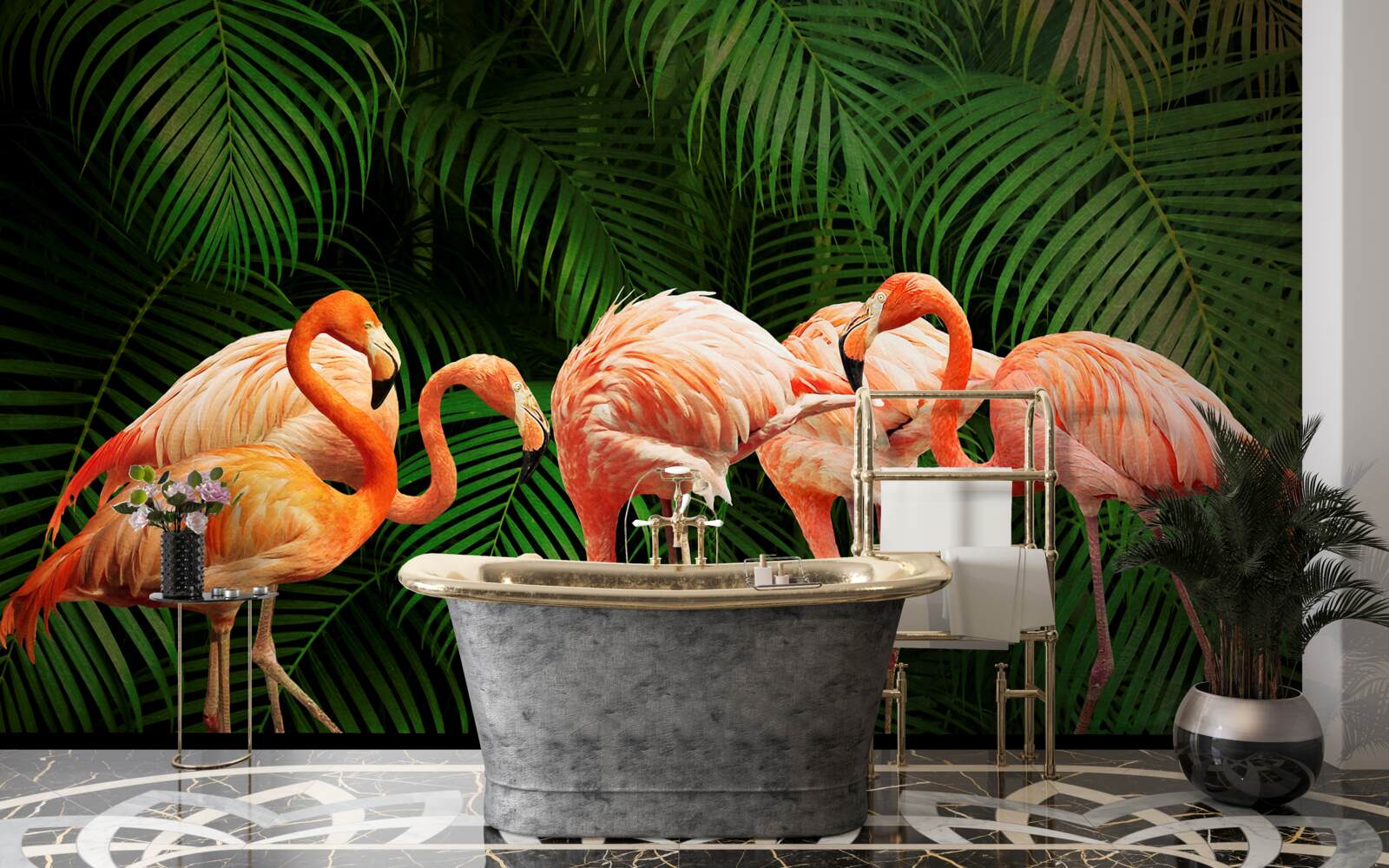 Fototapet flamingo roz într-o pădure cu copaci verzi