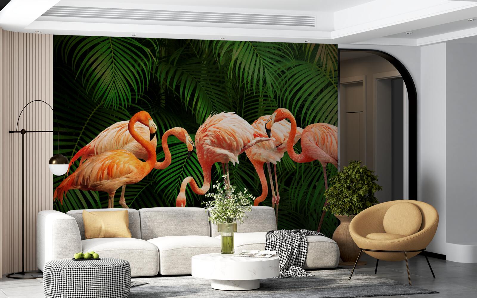 Fototapet flamingo roz într-o pădure cu copaci verzi