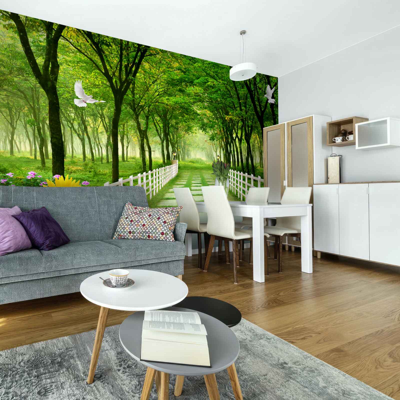 Fototapet o pădure verde și luxuriantă și o cărare presărată cu flori