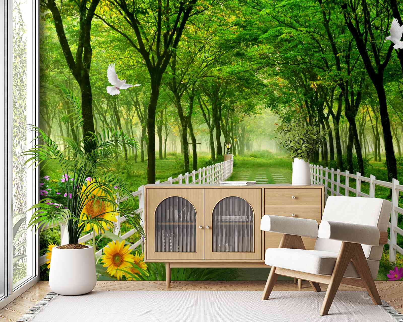 Fototapet o pădure verde și luxuriantă și o cărare presărată cu flori