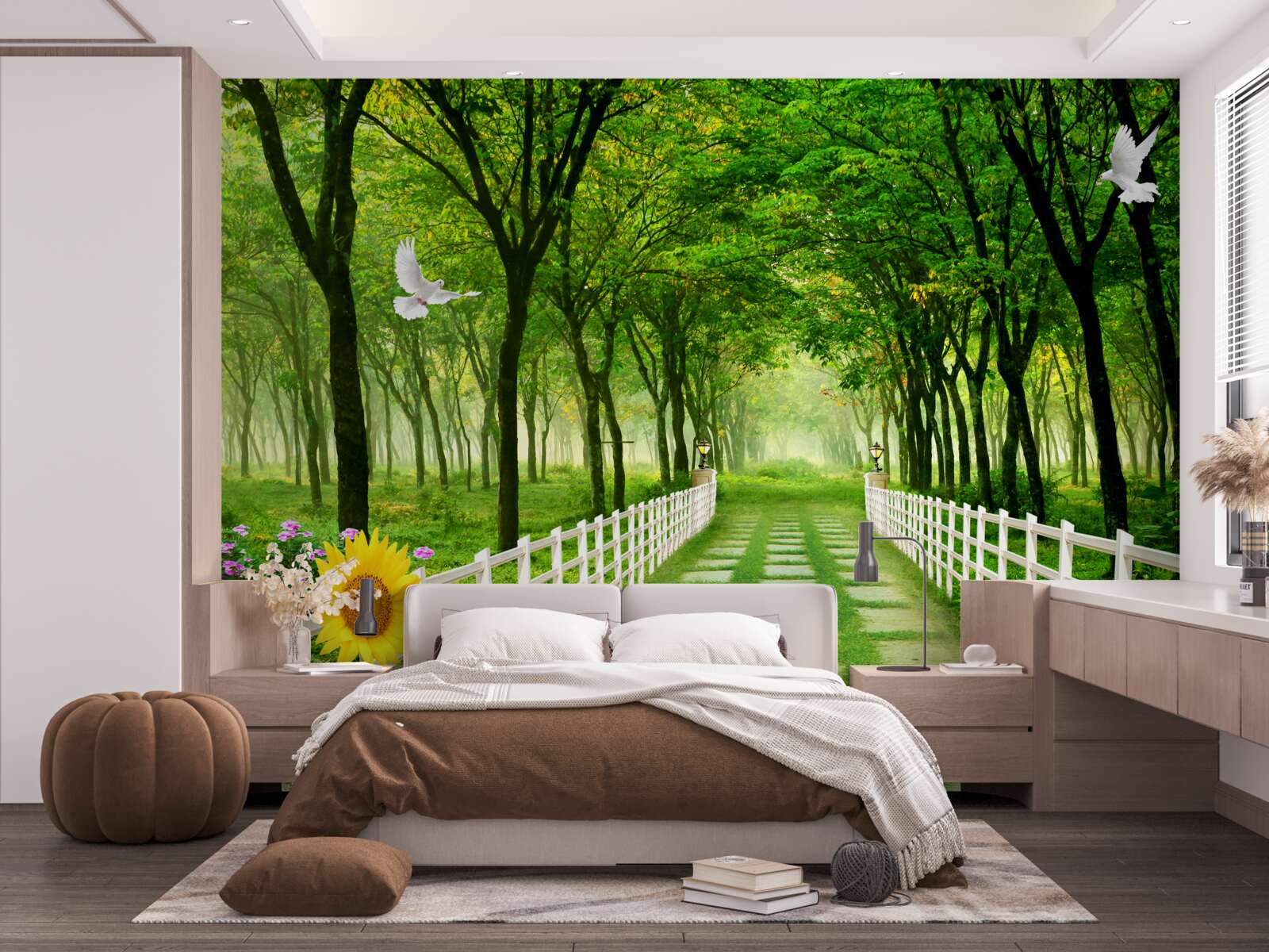 Fototapet o pădure verde și luxuriantă și o cărare presărată cu flori