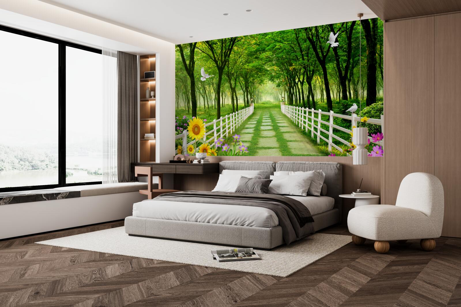 Fototapet o pădure verde și luxuriantă și o cărare presărată cu flori