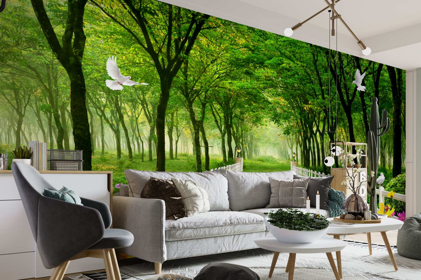 Fototapet o pădure verde și luxuriantă și o cărare presărată cu flori