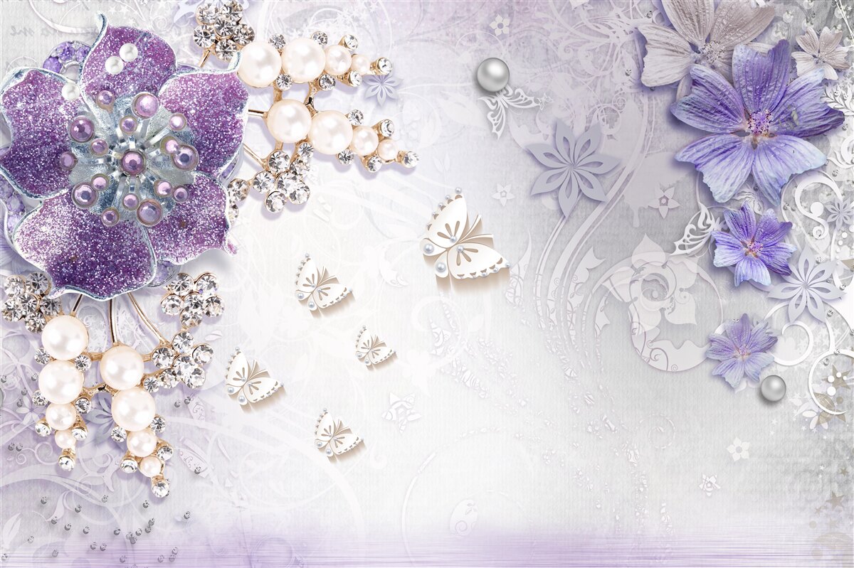 Fototapet orhidee aurie cu elemente violete și perle