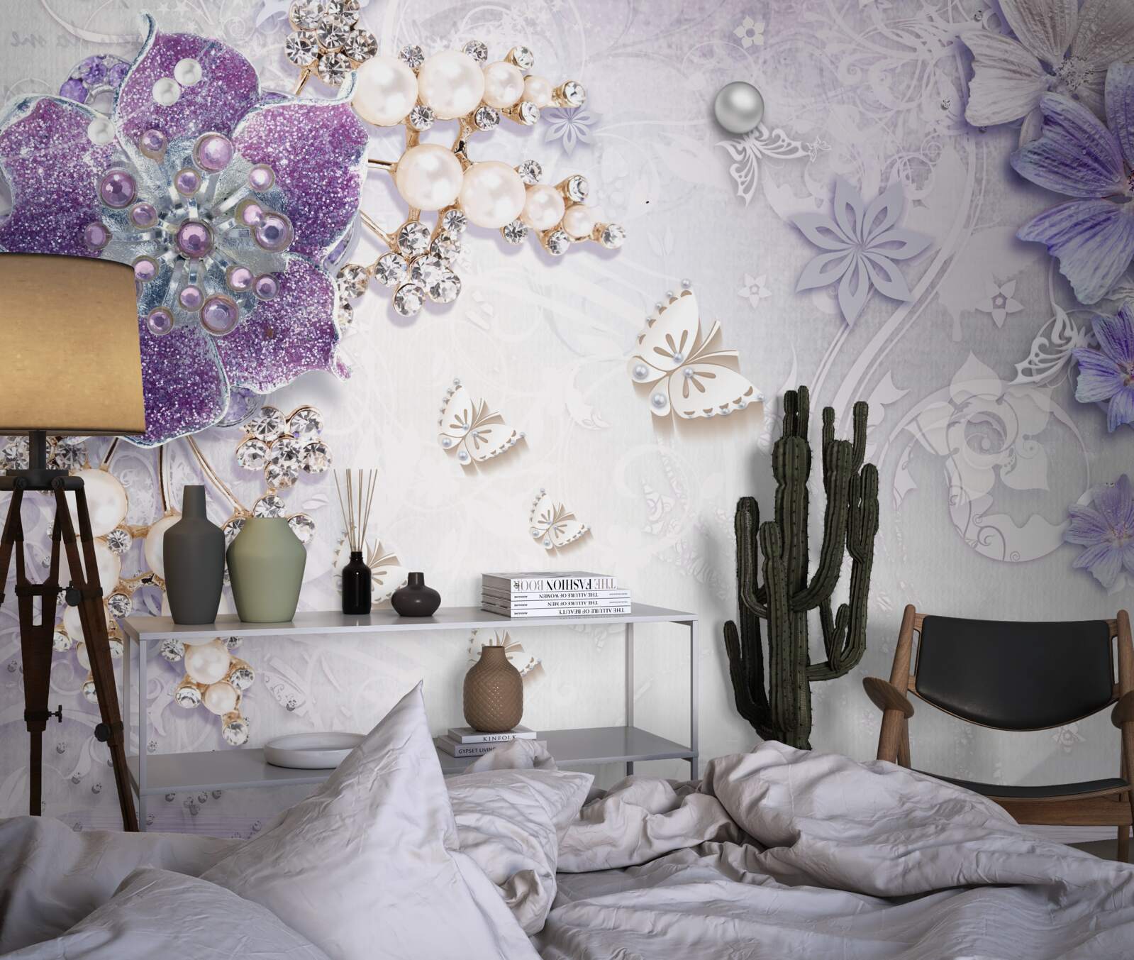 Fototapet orhidee aurie cu elemente violete și perle