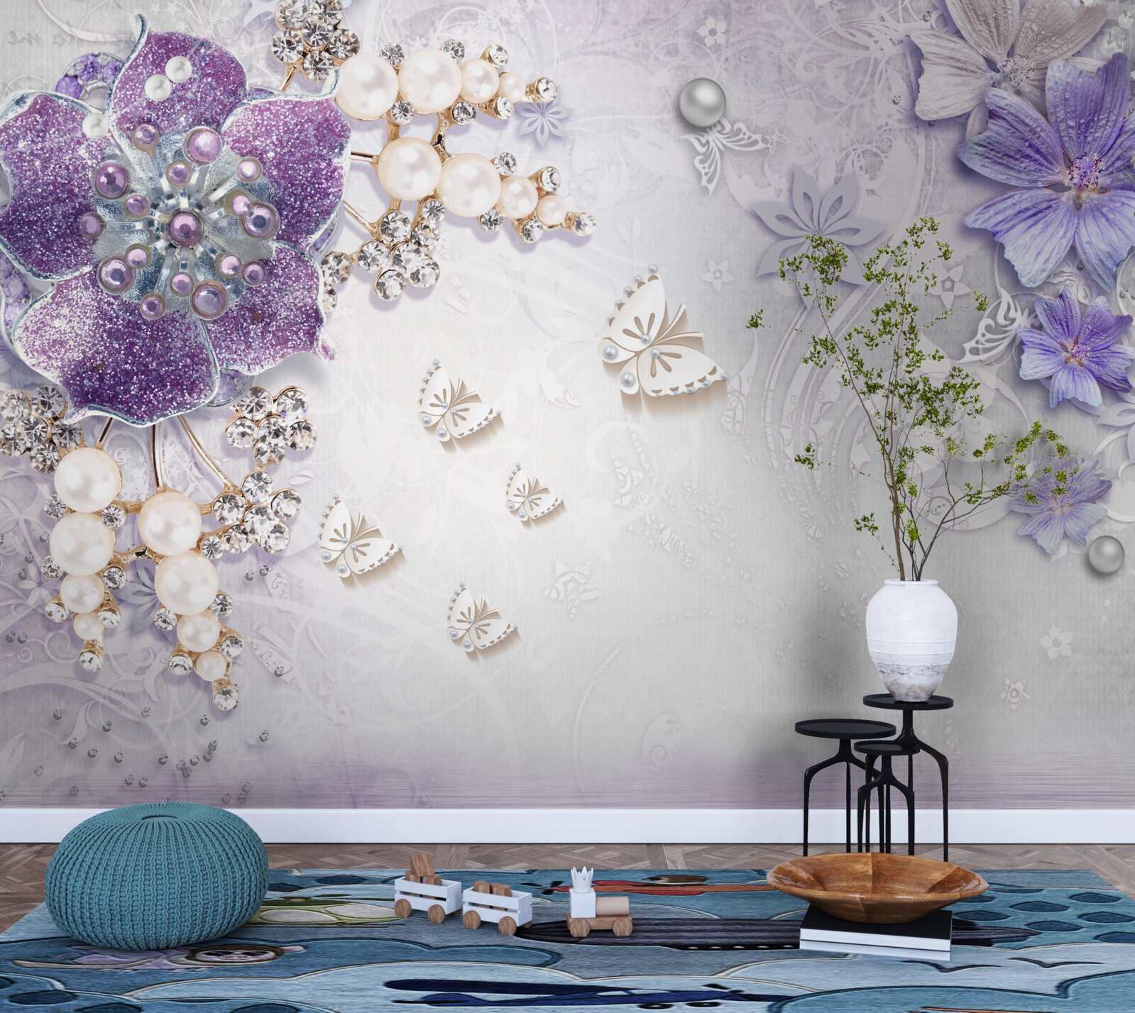 Fototapet orhidee aurie cu elemente violete și perle