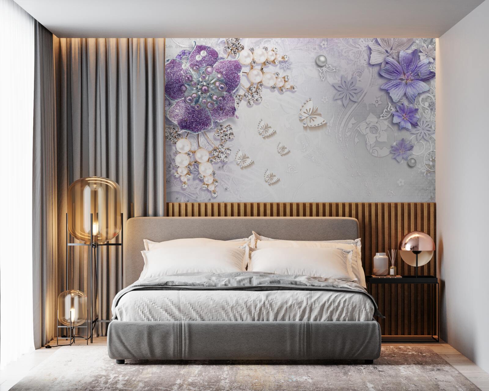 Fototapet orhidee aurie cu elemente violete și perle