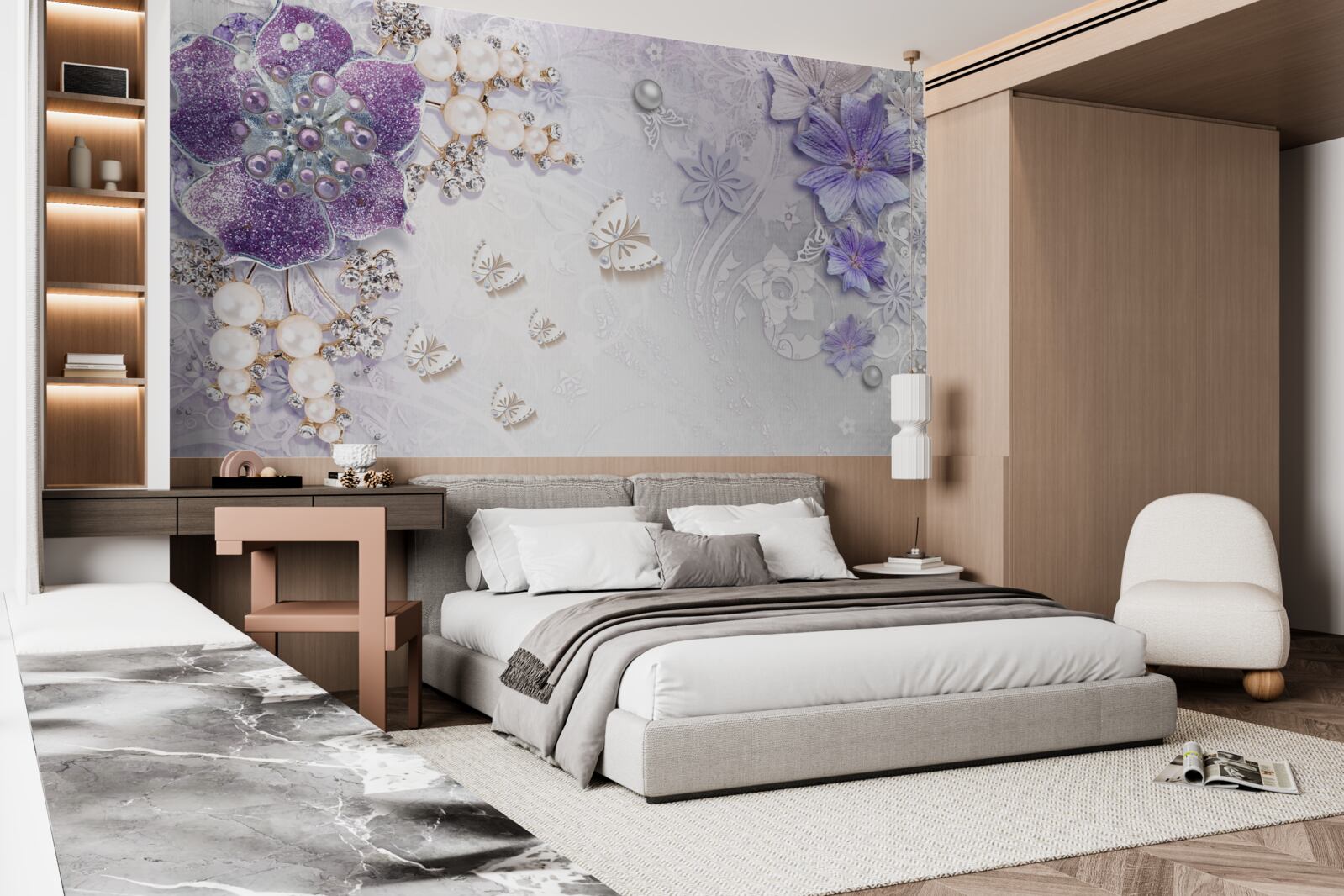 Fototapet orhidee aurie cu elemente violete și perle