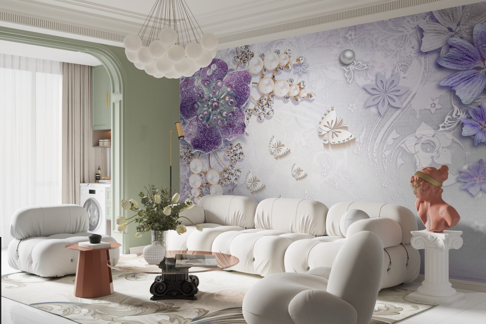 Fototapet orhidee aurie cu elemente violete și perle