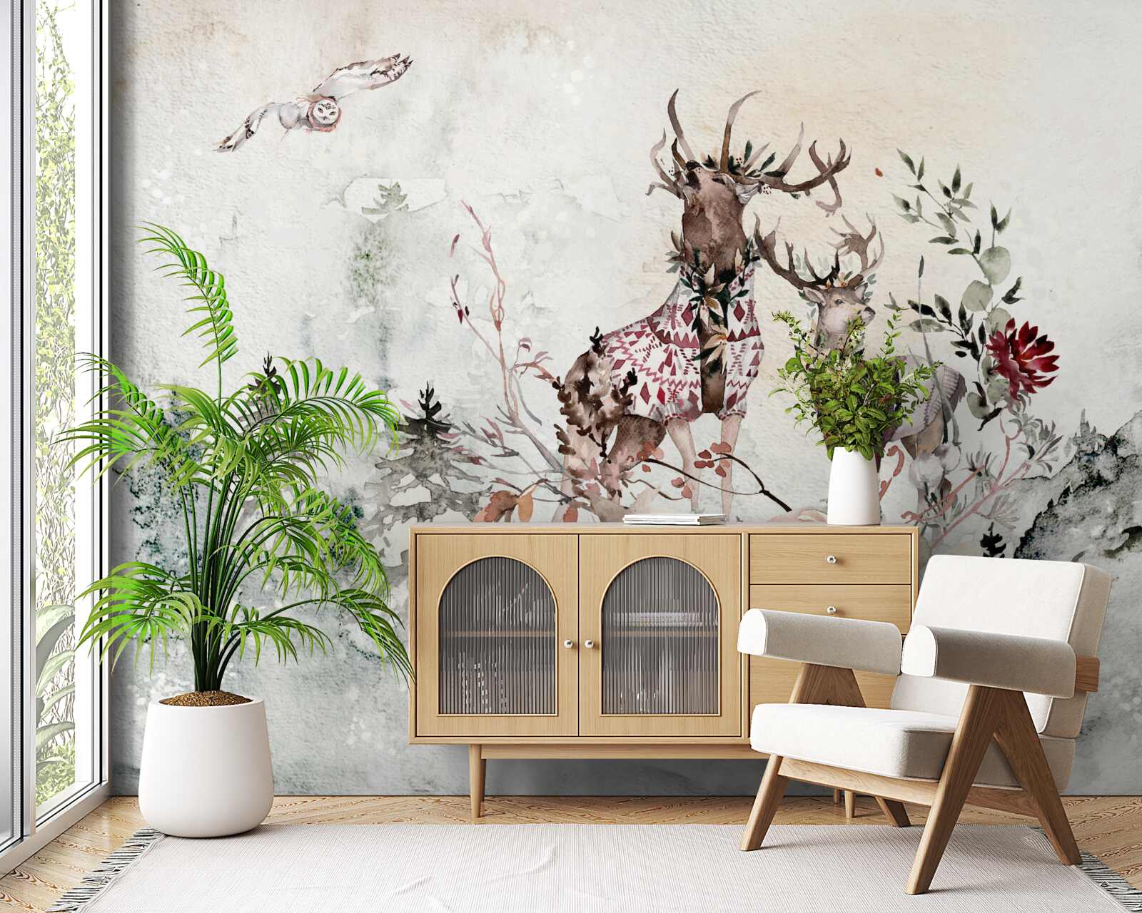 Fototapet există căprioare frumoase în pădurea cețoasă