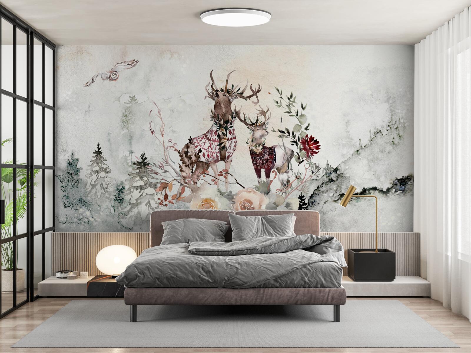 Fototapet există căprioare frumoase în pădurea cețoasă