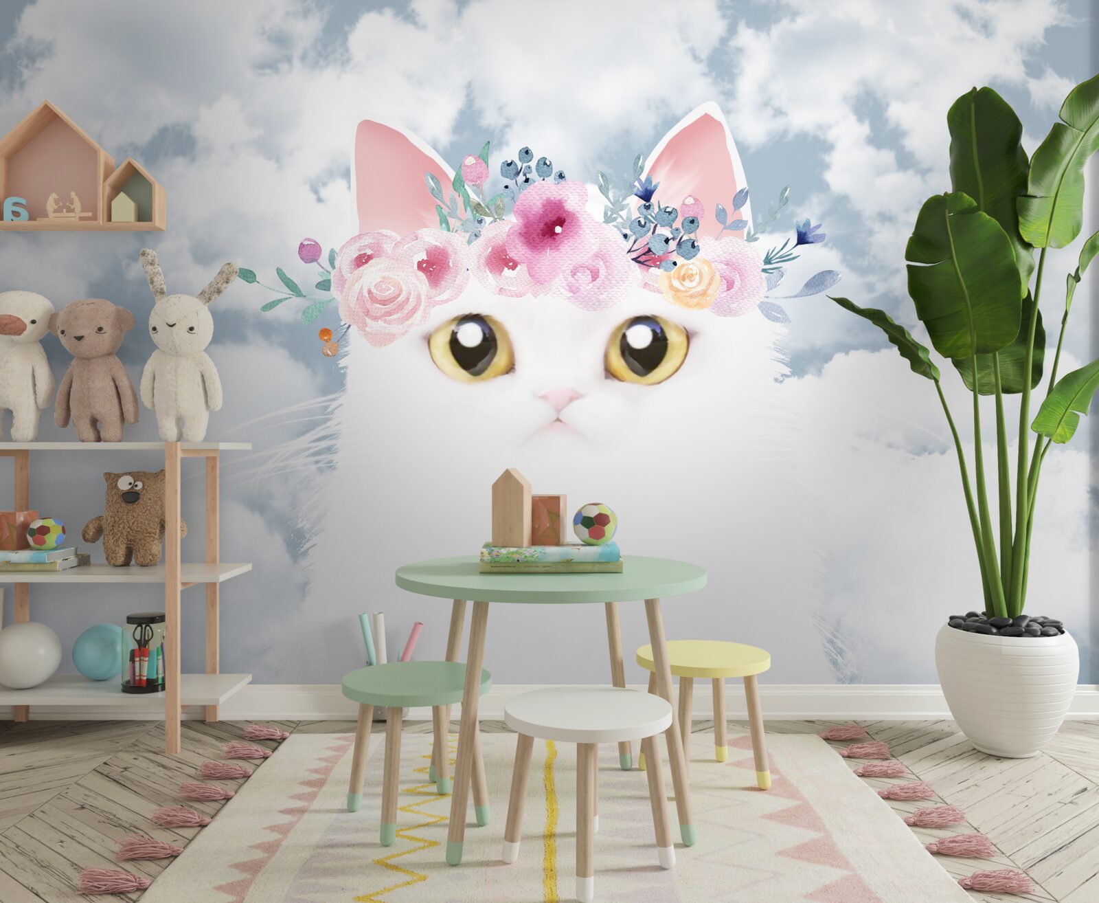Fototapet pisică printre flori pe un cer cu nori