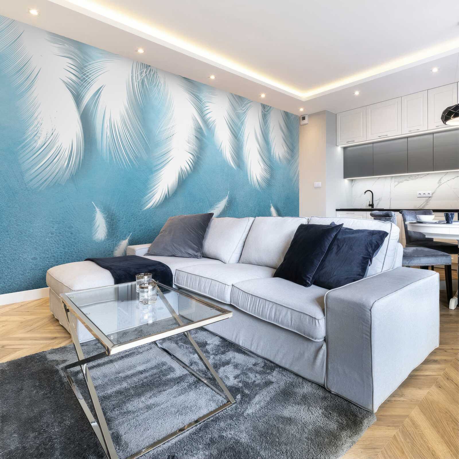 Fototapet pene albe care cad în cerul albastru