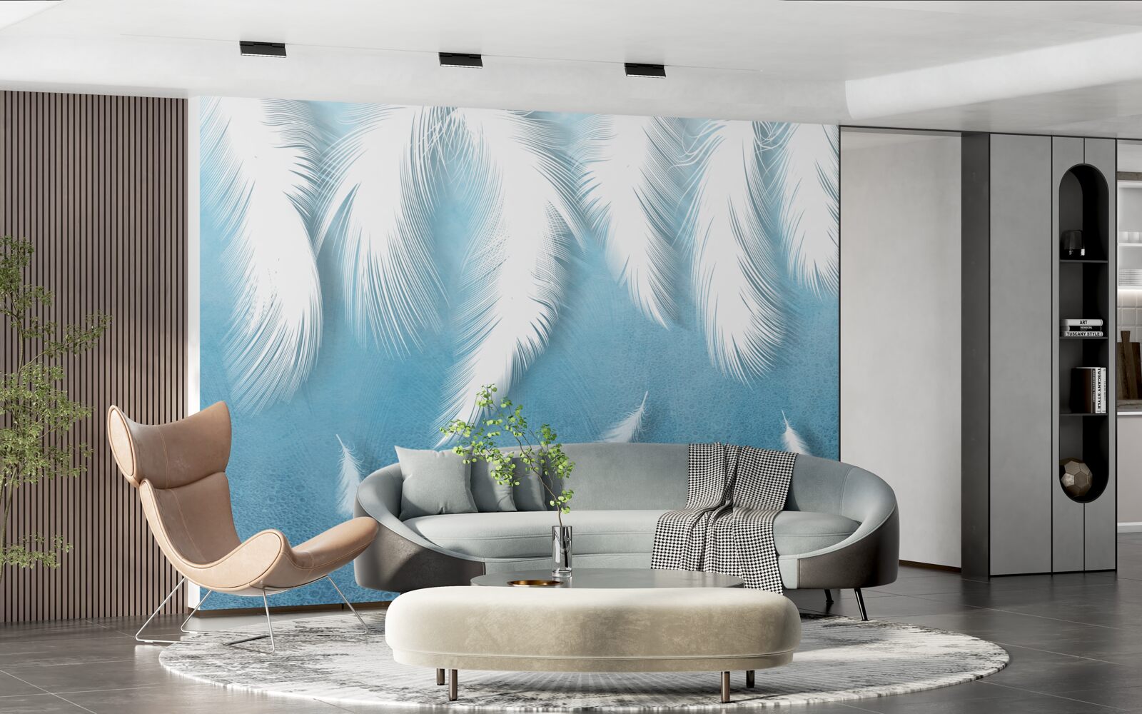 Fototapet pene albe care cad în cerul albastru