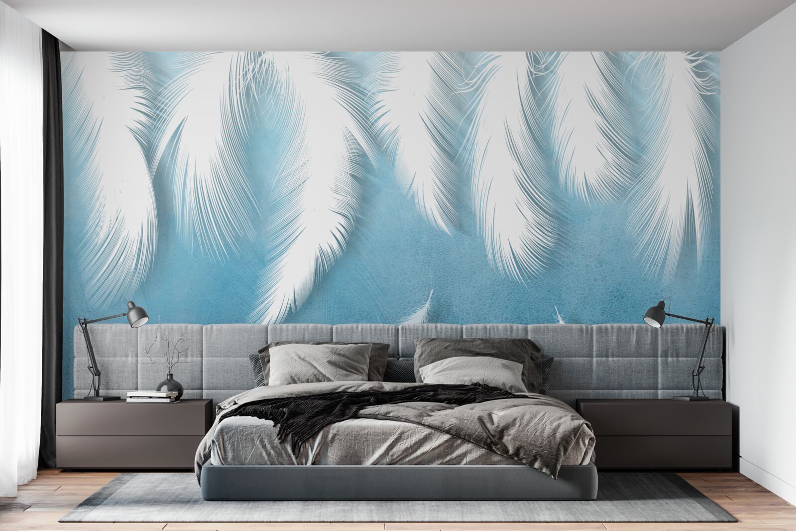 Fototapet pene albe care cad în cerul albastru