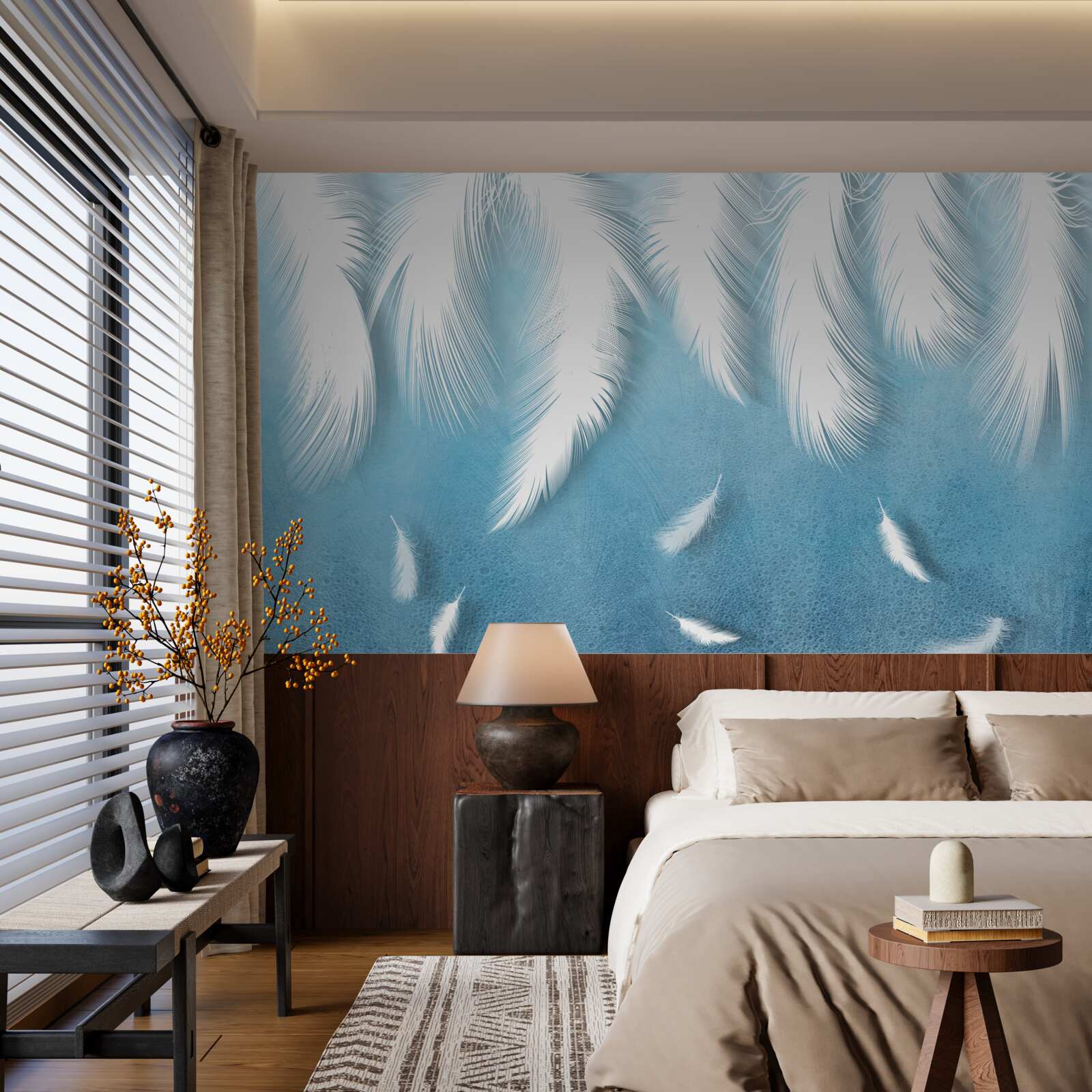 Fototapet pene albe care cad în cerul albastru