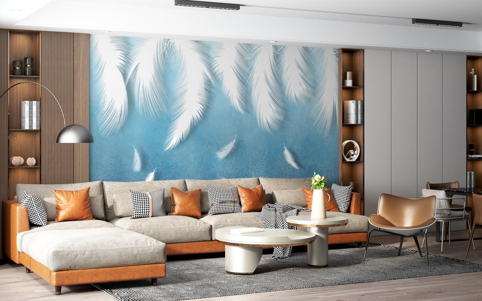 Fototapet pene albe care cad în cerul albastru