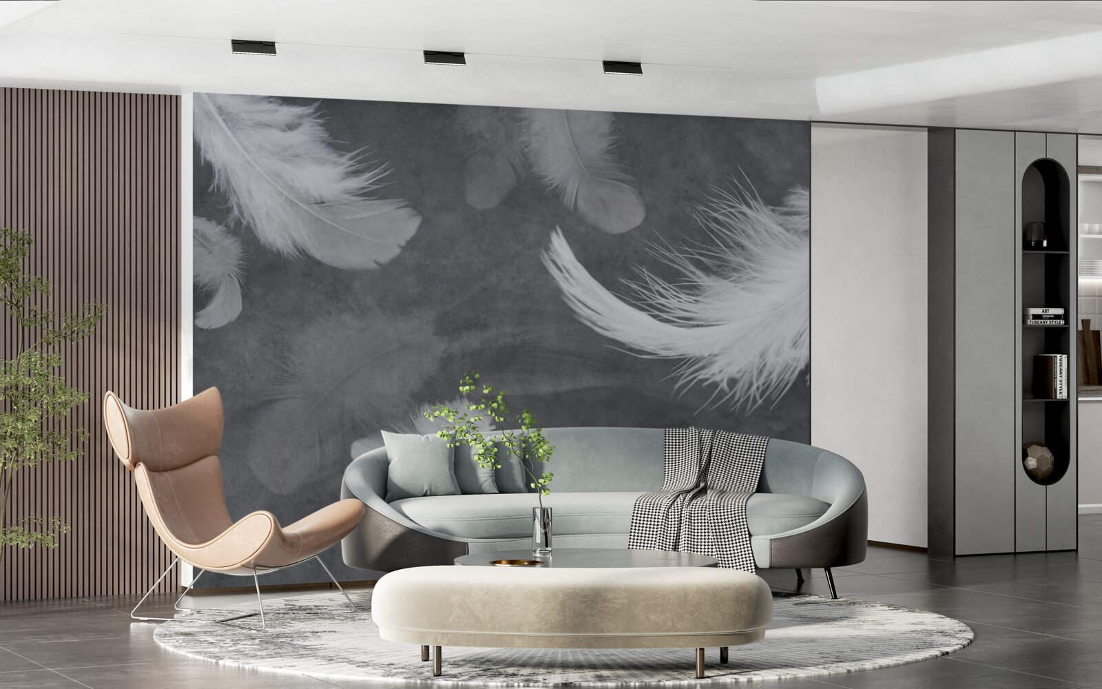 Fototapet Pene albe ca zăpada, împrăștiate dens pe un fundal gri