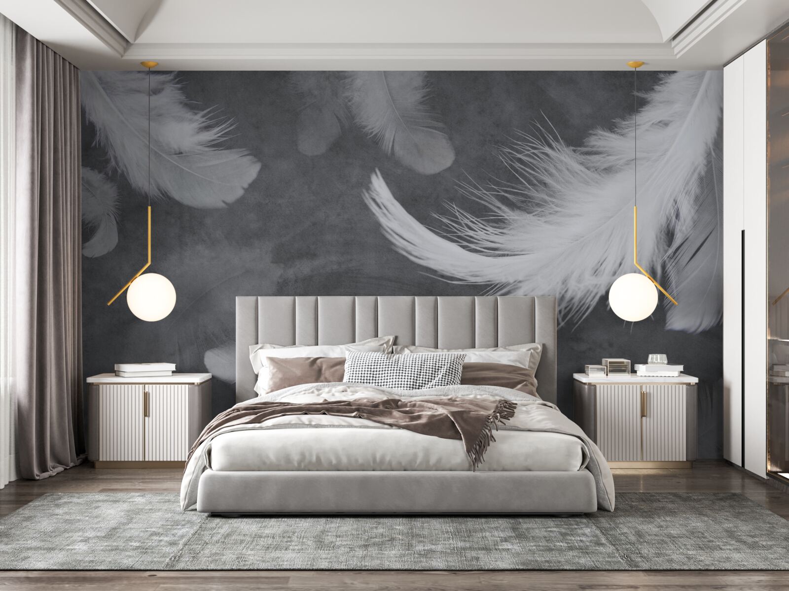 Fototapet Pene albe ca zăpada, împrăștiate dens pe un fundal gri