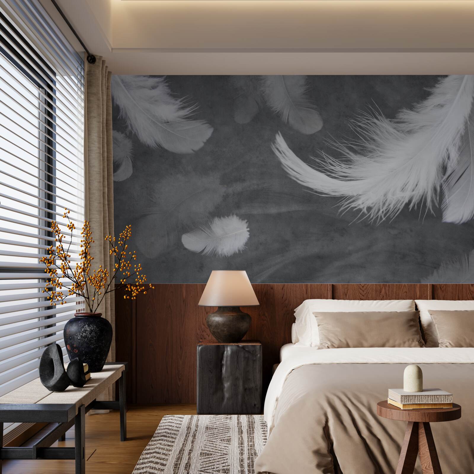 Fototapet Pene albe ca zăpada, împrăștiate dens pe un fundal gri