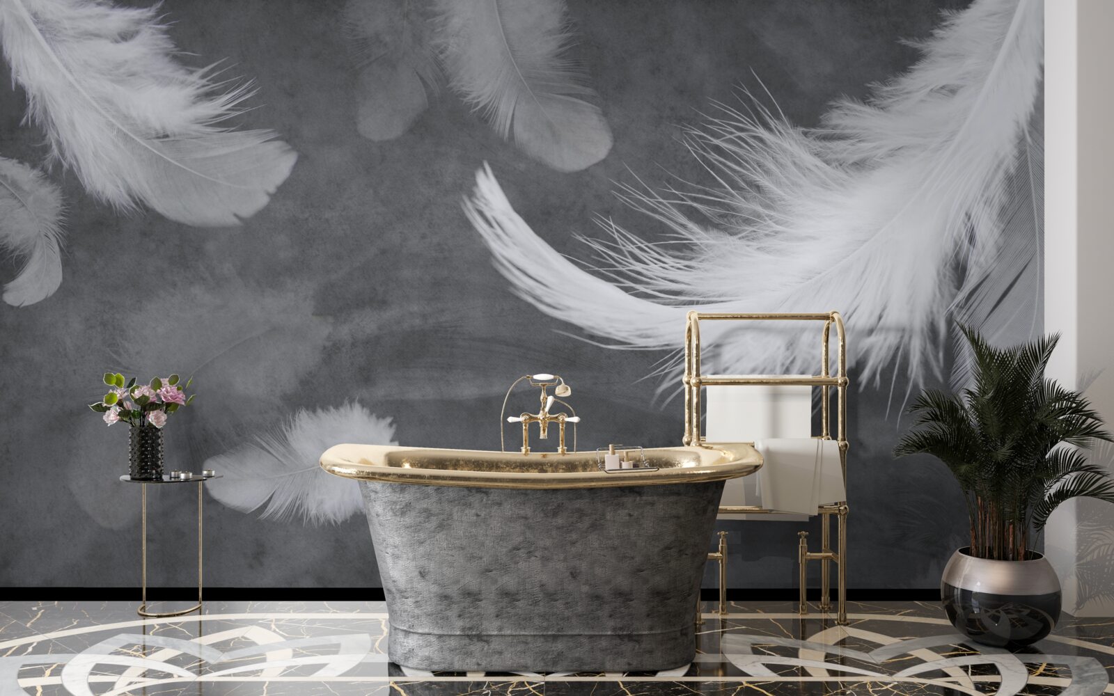 Fototapet Pene albe ca zăpada, împrăștiate dens pe un fundal gri