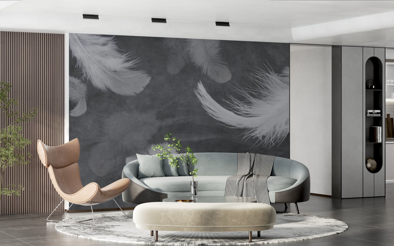 Fototapet Pene albe ca zăpada, împrăștiate dens pe un fundal gri