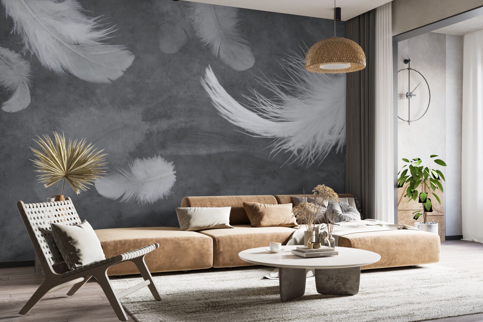 Fototapet Pene albe ca zăpada, împrăștiate dens pe un fundal gri