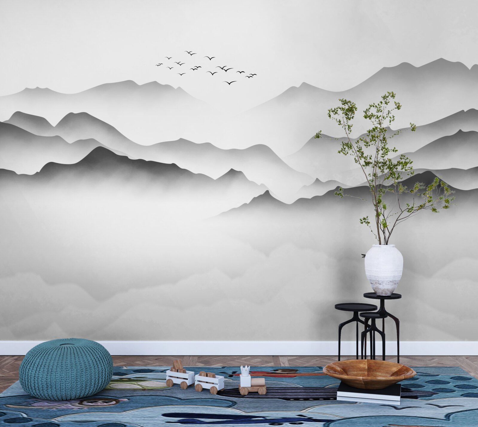 Fototapet o dimineață lângă râu, învăluită în ceață