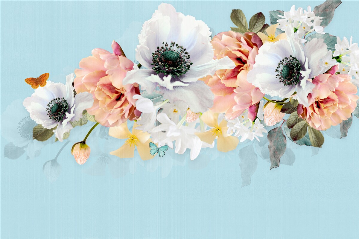 Fototapet buchet de maci albi și alte flori