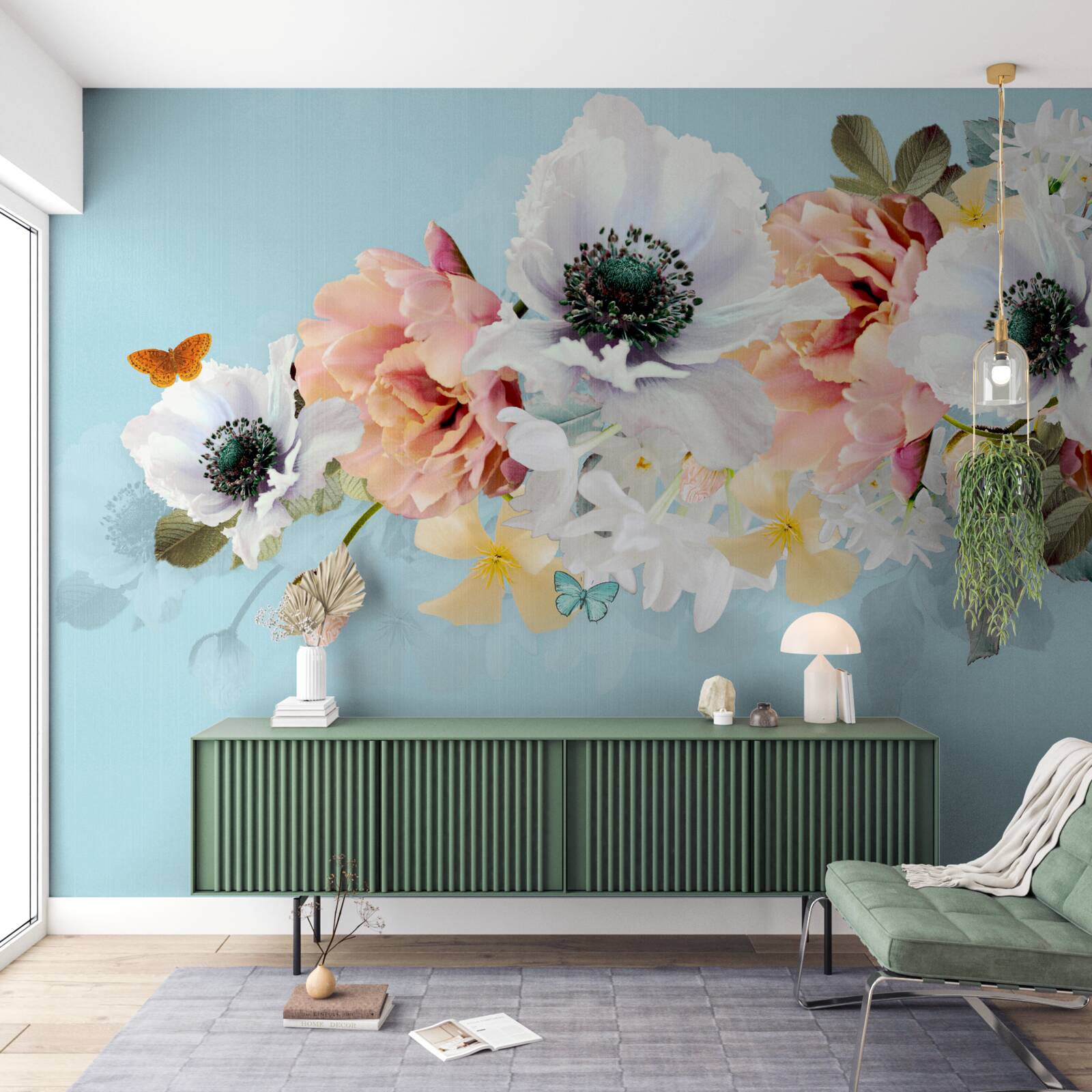 Fototapet buchet de maci albi și alte flori