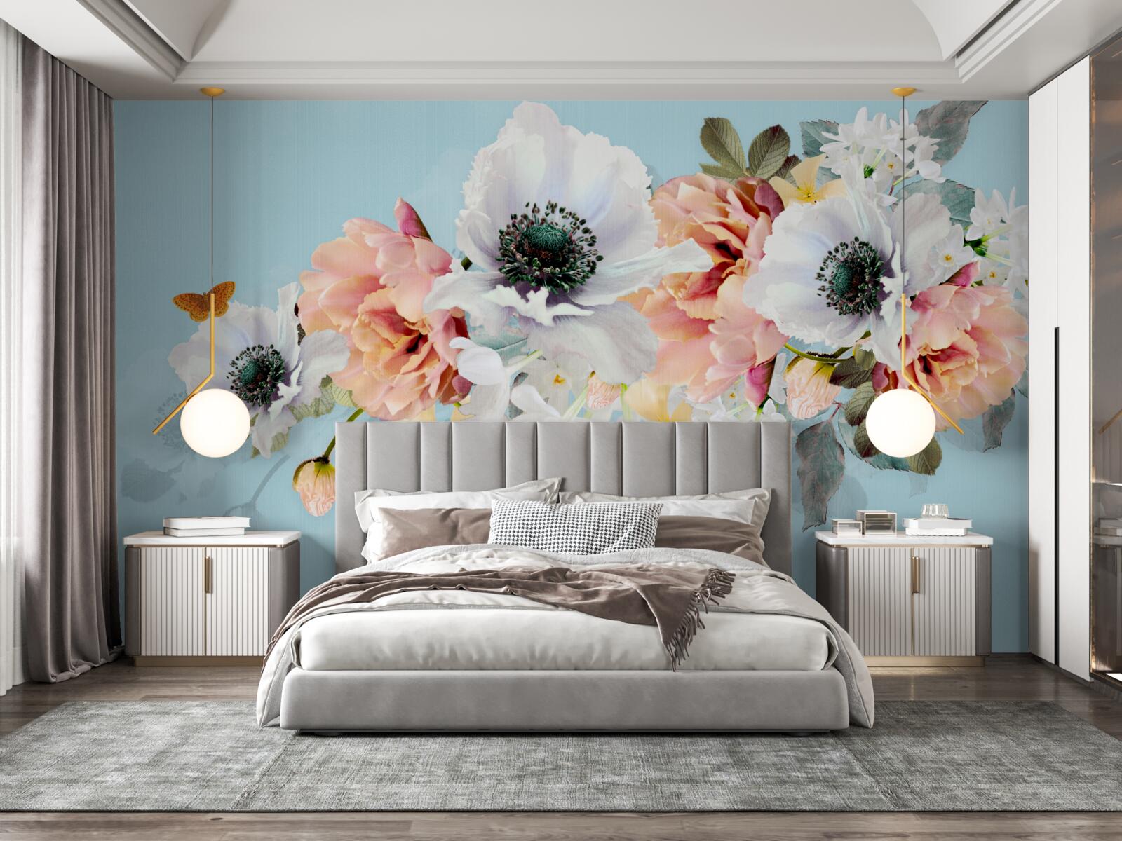 Fototapet buchet de maci albi și alte flori