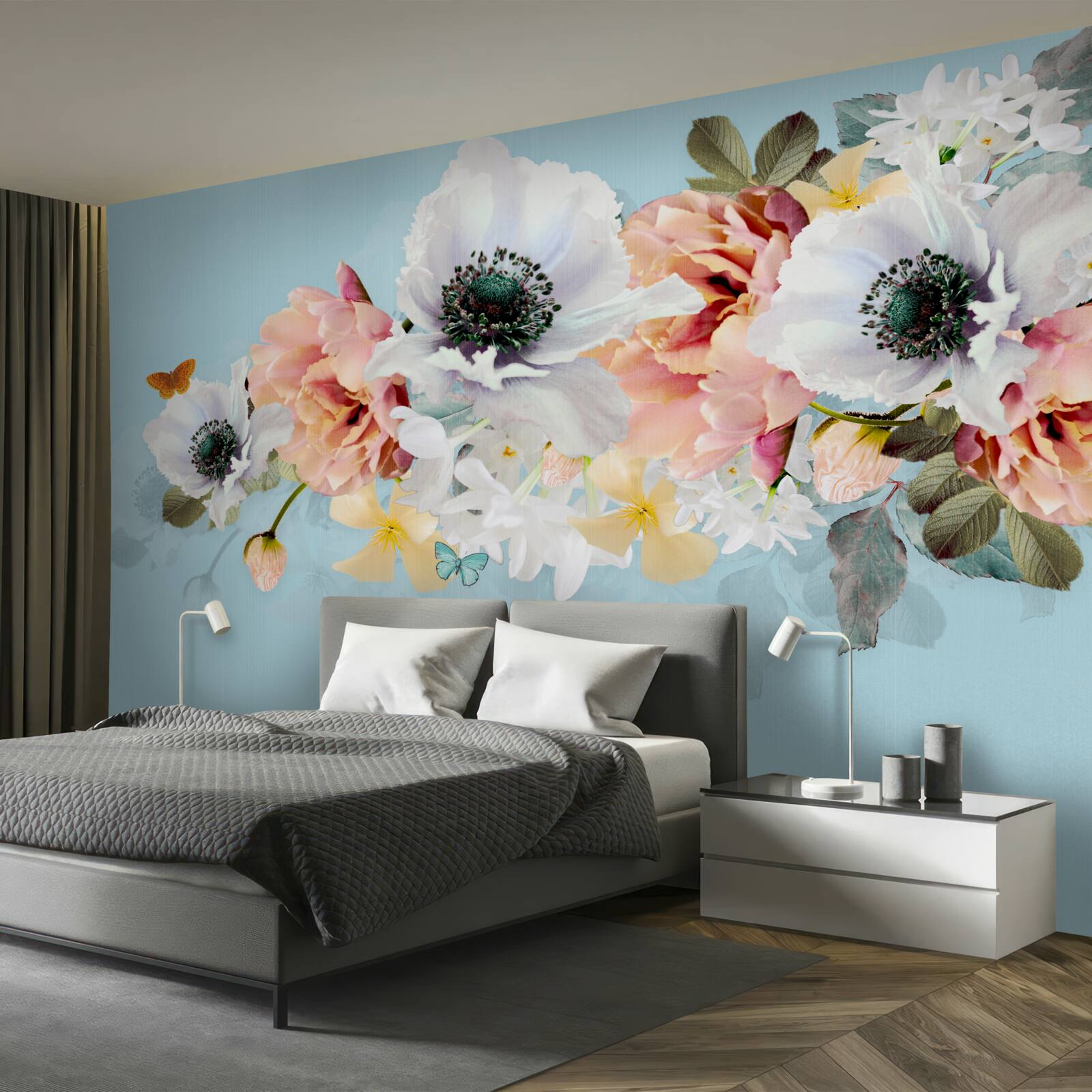 Fototapet buchet de maci albi și alte flori