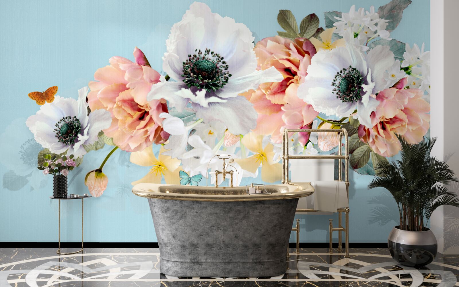 Fototapet buchet de maci albi și alte flori