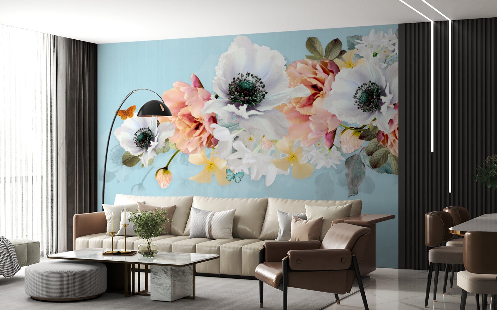 Fototapet buchet de maci albi și alte flori