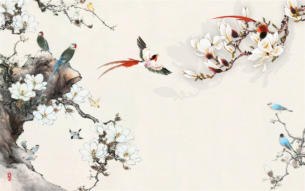 Fototapet păsările se bucură printre flori