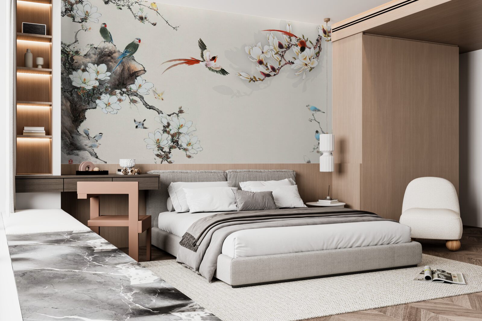 Fototapet păsările se bucură printre flori