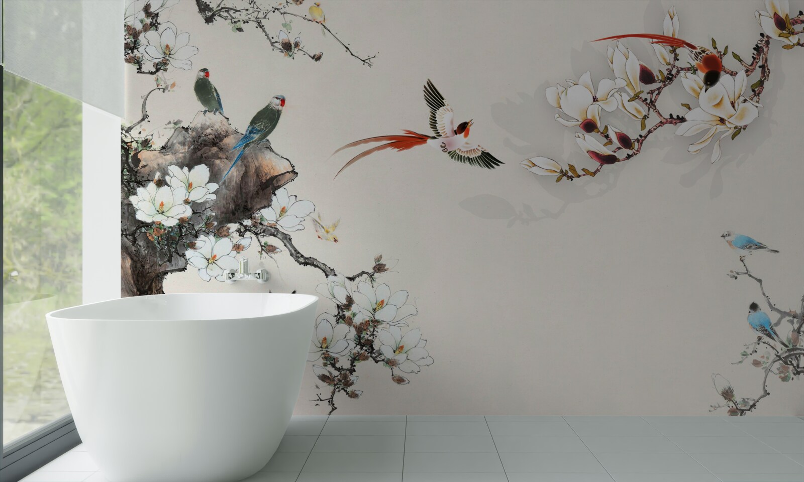 Fototapet păsările se bucură printre flori