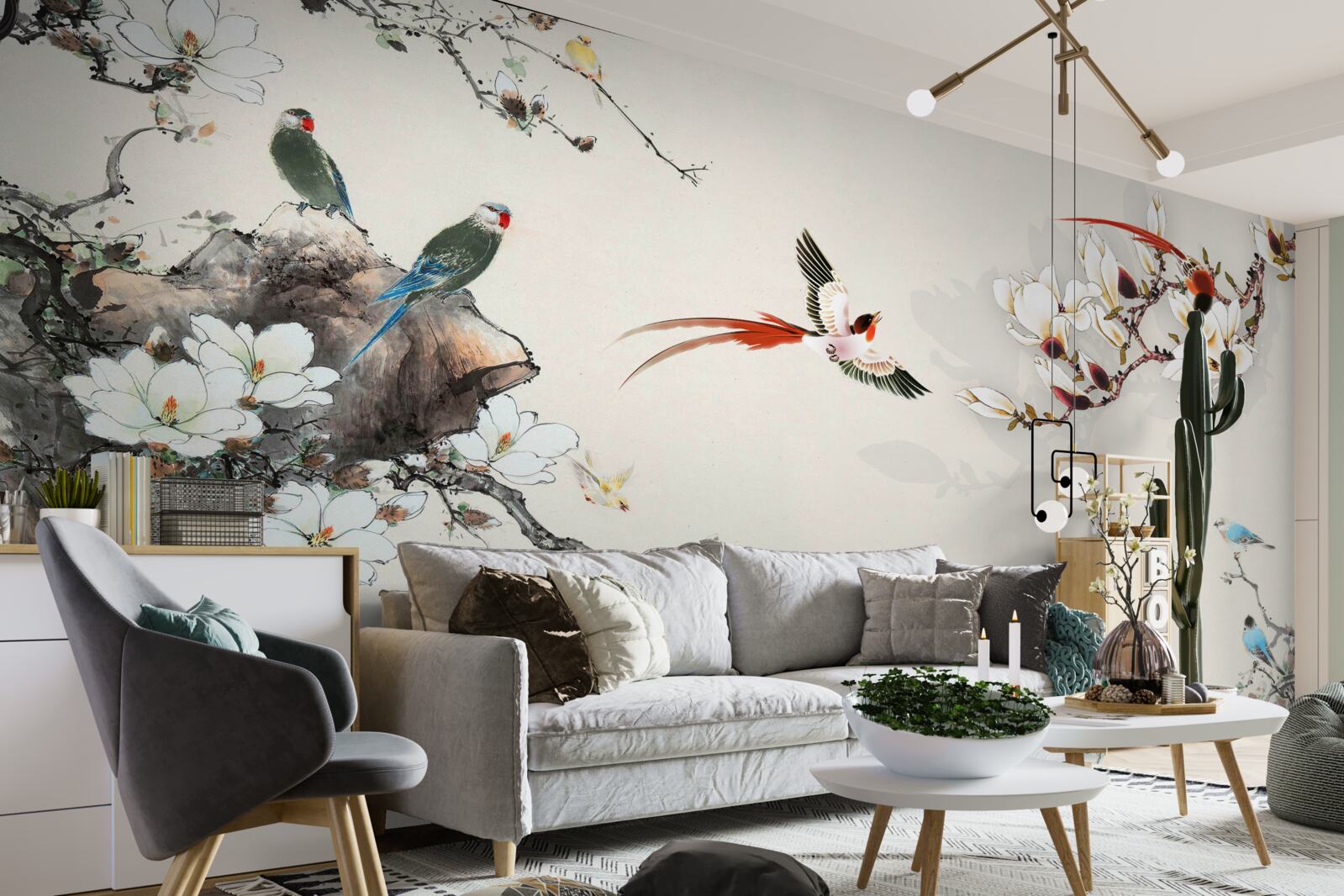 Fototapet păsările se bucură printre flori