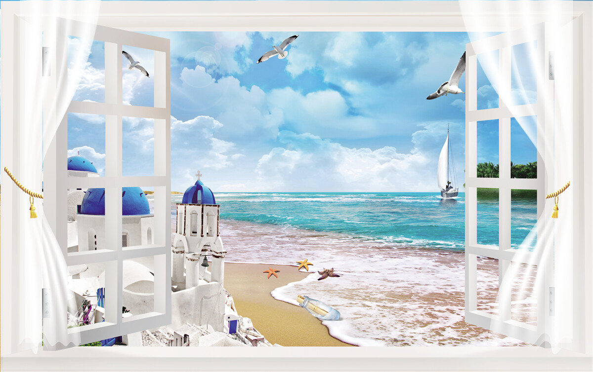 Fototapet o vedere a plajei din grecia de la o fereastră