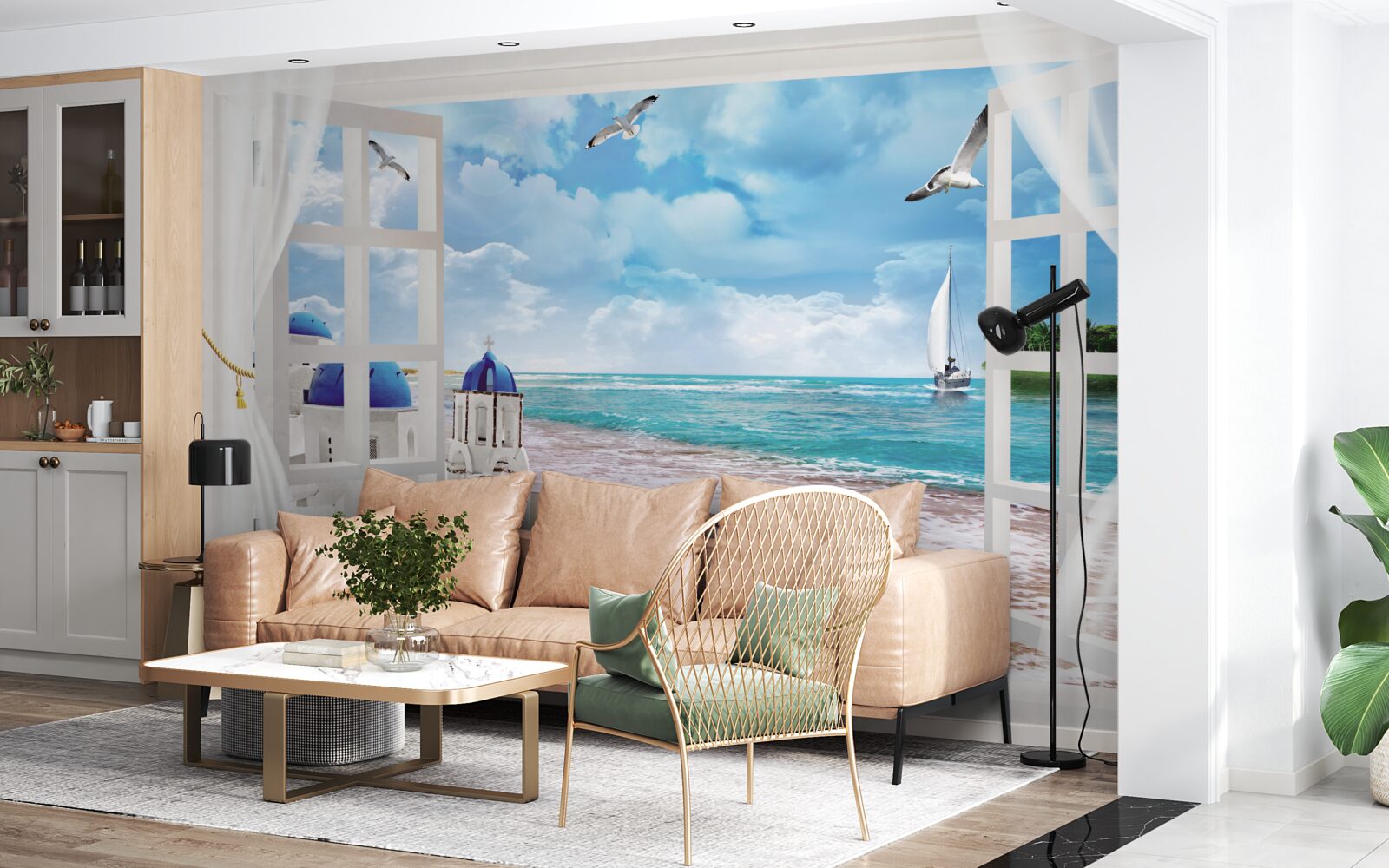 Fototapet o vedere a plajei din grecia de la o fereastră