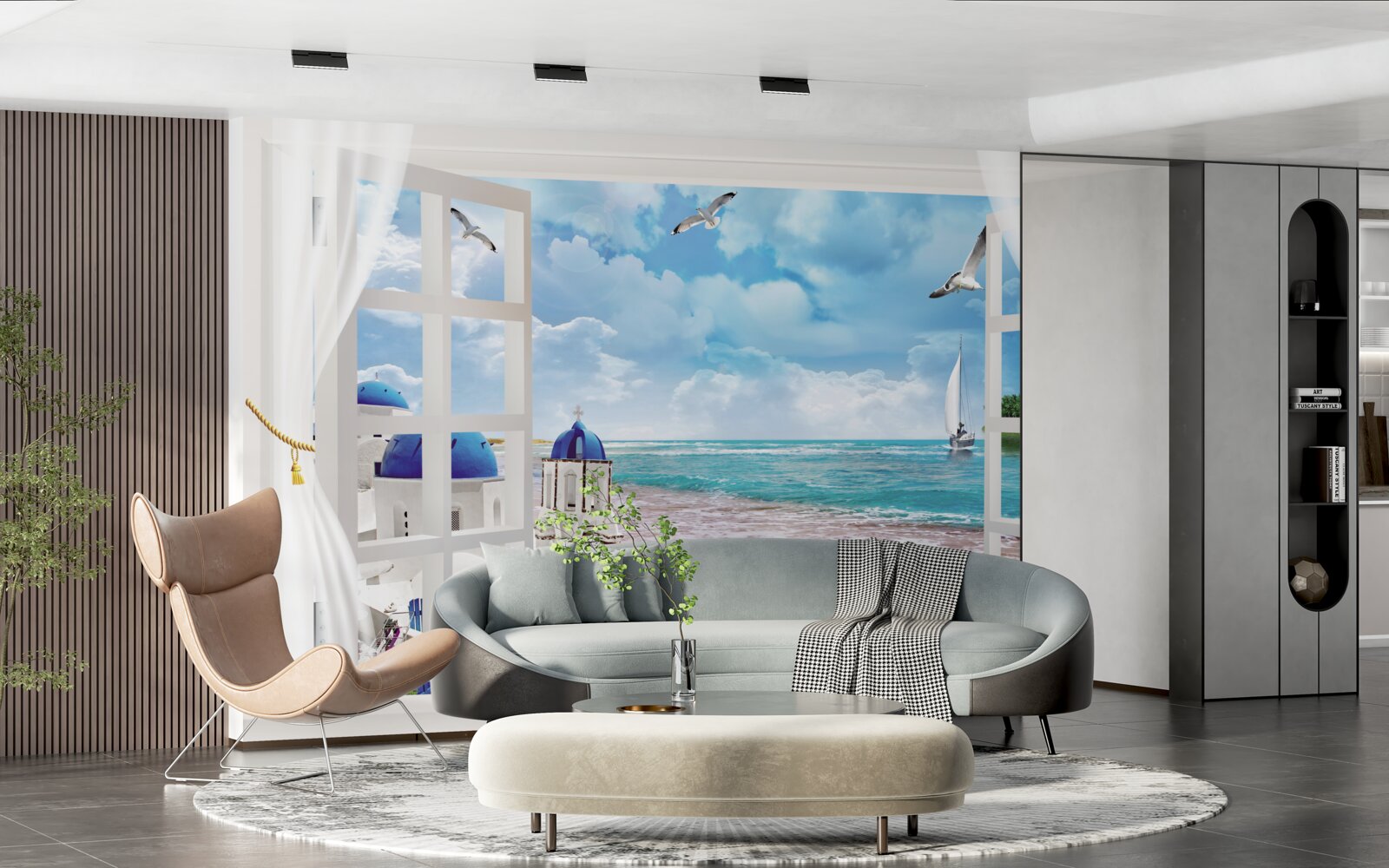 Fototapet o vedere a plajei din grecia de la o fereastră